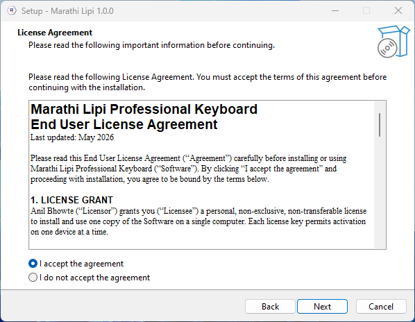Marathi Lipi installer — License स्क्रीन