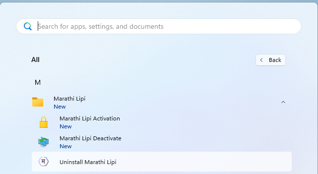 Windows Start Menu मध्ये Marathi Lipi Professional shortcuts group